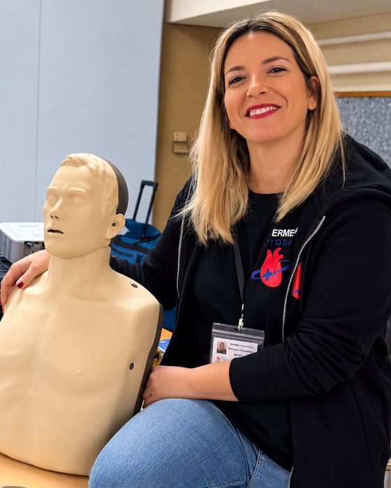 Beatriz García Ayllón, fundadora y directora de formación de FIDE13, junto a un maniquí de reanimación